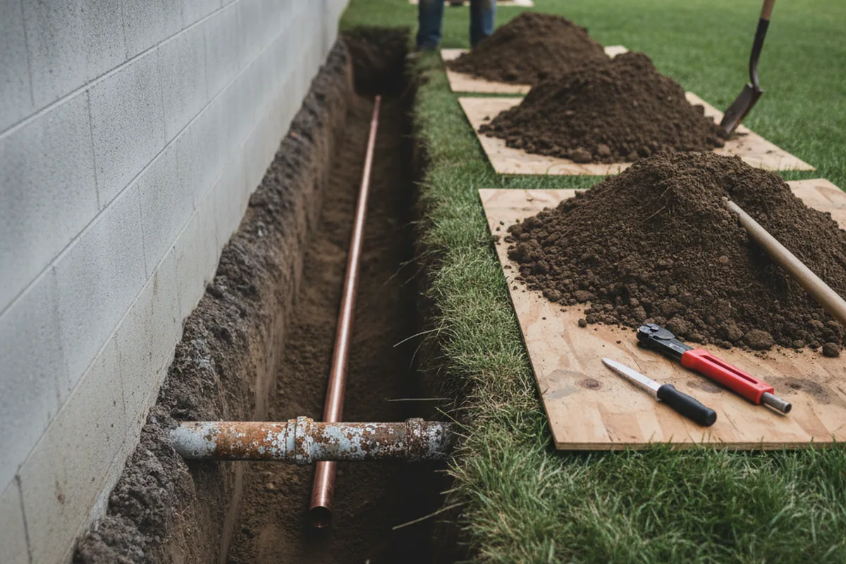 Excavated water line trench during Sewer Line Repair in Needham